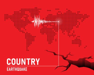 Earthquake concept with Frequency seismograph waves  , cracked and dot map world on red background vector design