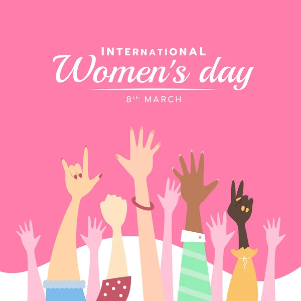 International Women Day Banner Cute Hands Woman Pink Background Vector — Stok Vektör