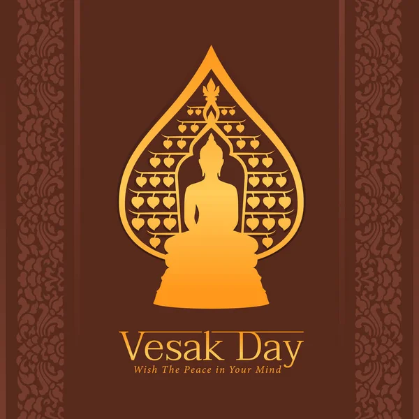 Vesak Day Banner Golden Buddha Bodhi Leaves Frame Brown Background — Διανυσματικό Αρχείο