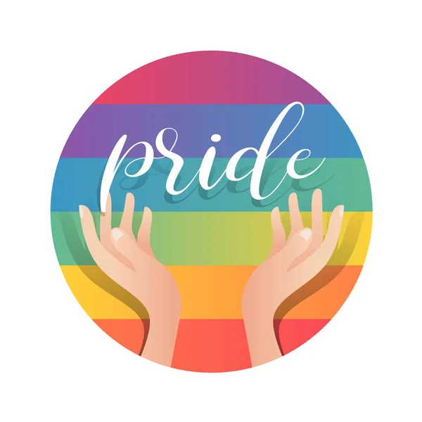 Hand Hold Care Pride Text Circle Rainbow Color Vector Design — Stok Vektör