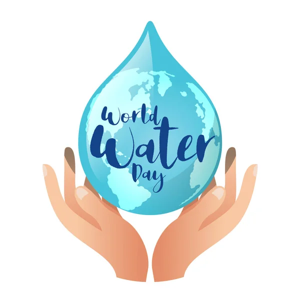 Hand Hold Care World Water Day Text Blue Drop Water — Vettoriale Stock