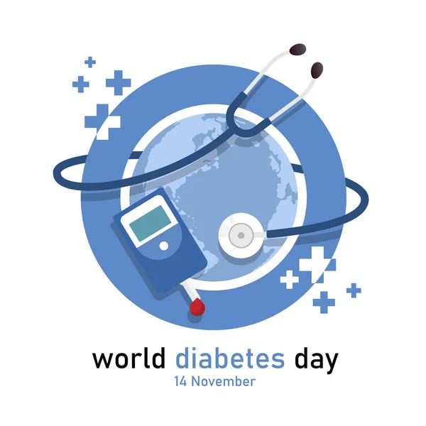 World Diabetes Day Globe Blue Circle Sign Stethoscope Glucose Testing — Vetor de Stock