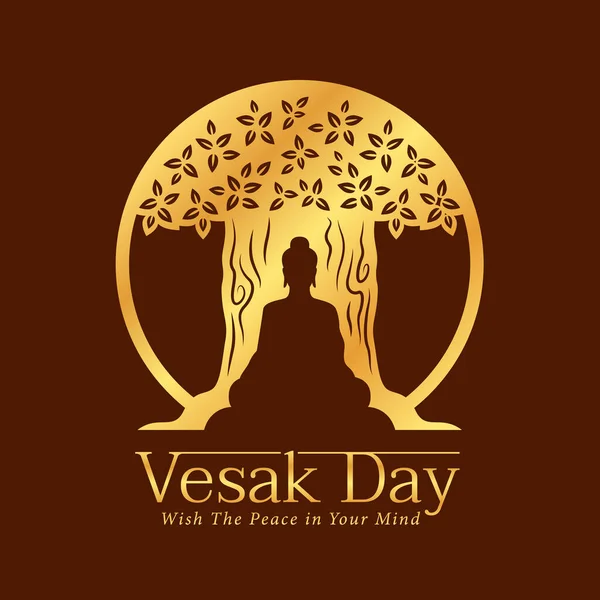 Vesak Day Banner Gold Paper Cutting Buddha Sit Tree Brown — Wektor stockowy