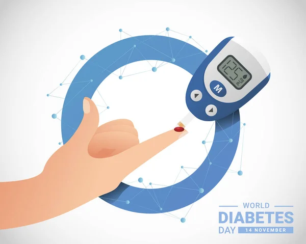 Всесвітній День Діабету Тестуванням Глюкози Кров Руці Палець Синьому Колі — стоковий вектор