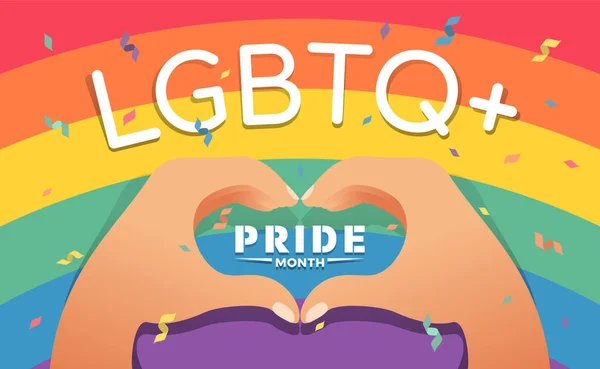 Lgbtq Pride Month Banner Hand Heart Sign Rainbow Background Vector — Stok Vektör