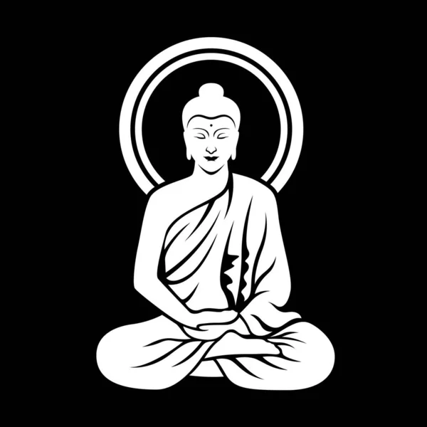 White Lord Buddha Sitting Meditated Black Background Clip Art Illustration — Wektor stockowy