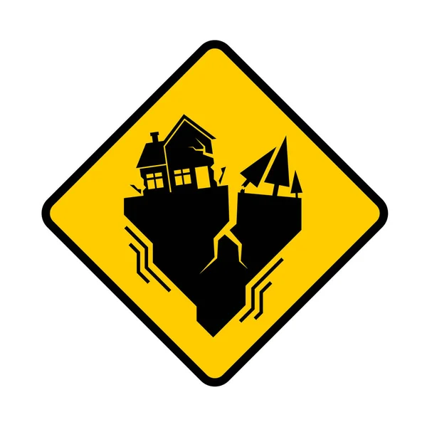 Traffic Earthquake Sign Houses Tree Crack Yellow Banner Vector Design — Stock Vector