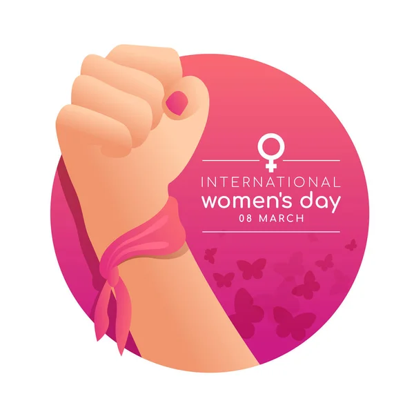 International Women Day Banner Woman Fist Hands Pink Circle Butterfly — Stockvector
