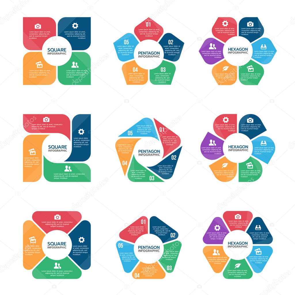 Square pentagon and hexagon infographic chart  (part four, part Five and part six) vector set design