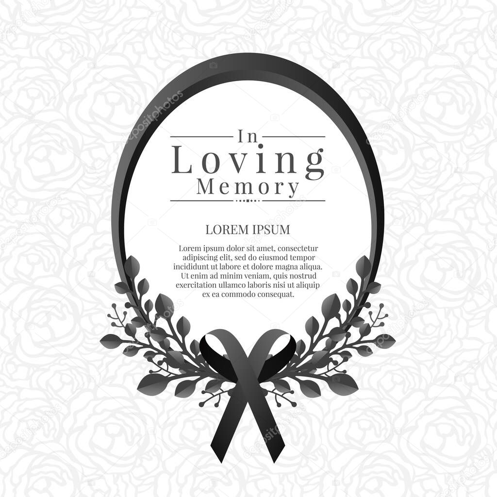 In loving memory text in Oval frame with leaf bouquets and black ribbon on abstract rose texture background
