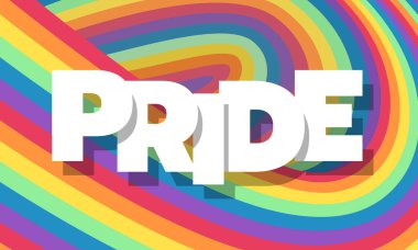 White Pride text on abstract colorful rainbow wave texture background vector design