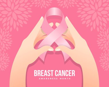 breast cancer awareness month with hand hold soft pink ribbon sign on pink flower texture background vector design