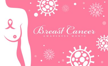Breast cancer awareness month - ribbon sign on half woman with naked breast and cancer sign texture background vector design