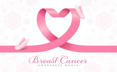 Breast cancer awareness month - pink heart ribbon sign and butterfly on flower texrture background vector design
