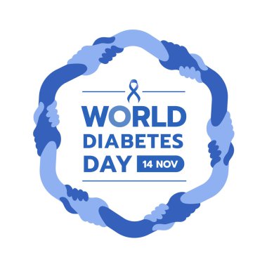 Dünya Diyabet Gündüz Metni ve mavi kurdele el ele tutuşarak Hexagon çerçeve tasarımı