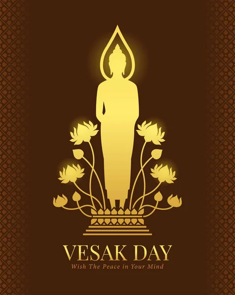 Vesak Day Banner Gold Buddha Standing Lotus Pedestal Sign Brown — Διανυσματικό Αρχείο