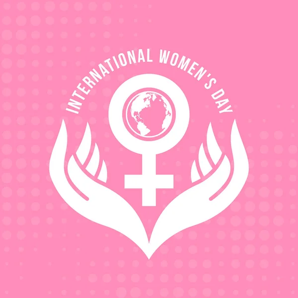 International Women Day White Hand Hold Care Female Symbol Globe — Stockvector