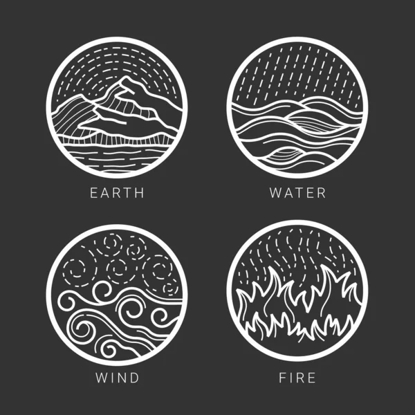 Collection Element Earth Water Wind Fire White Abstract Circle Line — Vetor de Stock