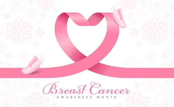 Breast Cancer Awareness Month Pink Heart Ribbon Sign Butterfly Flower — Stockvector