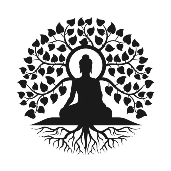 Schwarze Buddha Meditation Unter Dem Bodhi Baum Mit Blatt Und — Stockvektor