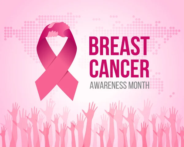 Breast Cancer Awareness Month Banner Pink Ribbon Hand Hold Hand — Vector de stock