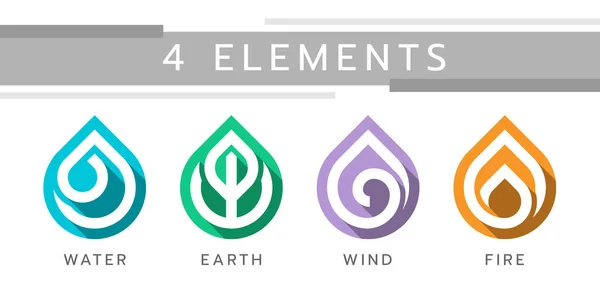 Elemente Naturale Apă Pământ Vânt Foc Linie Albă Picătură Element — Vector de stoc