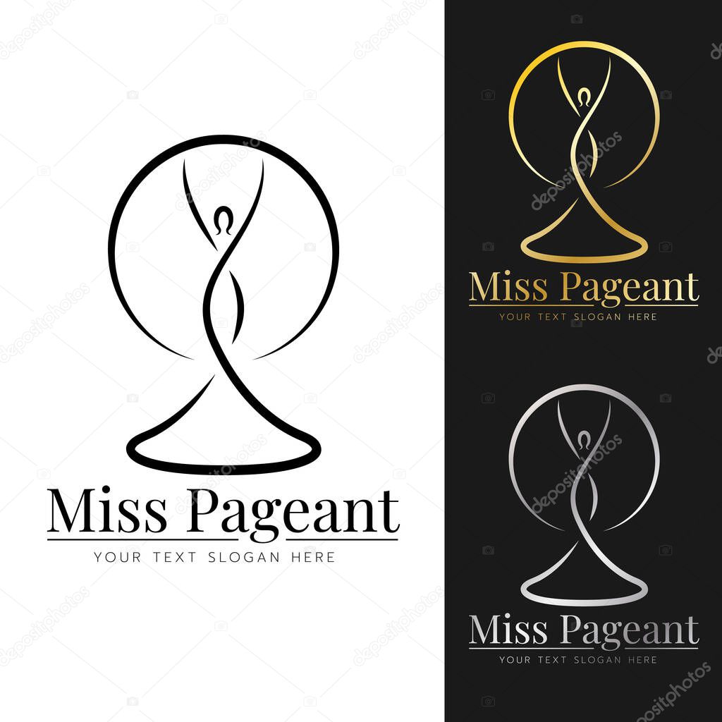 Miss pageant logo sign with black , gold and silver abstract line The beauty queen Raise both hands in circle ring vector design