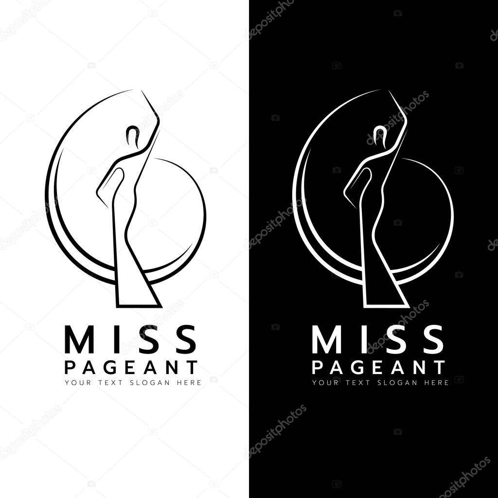 Miss pageant logo with abstract line Beauty queen wear dress and Raise hand waving sign vector design