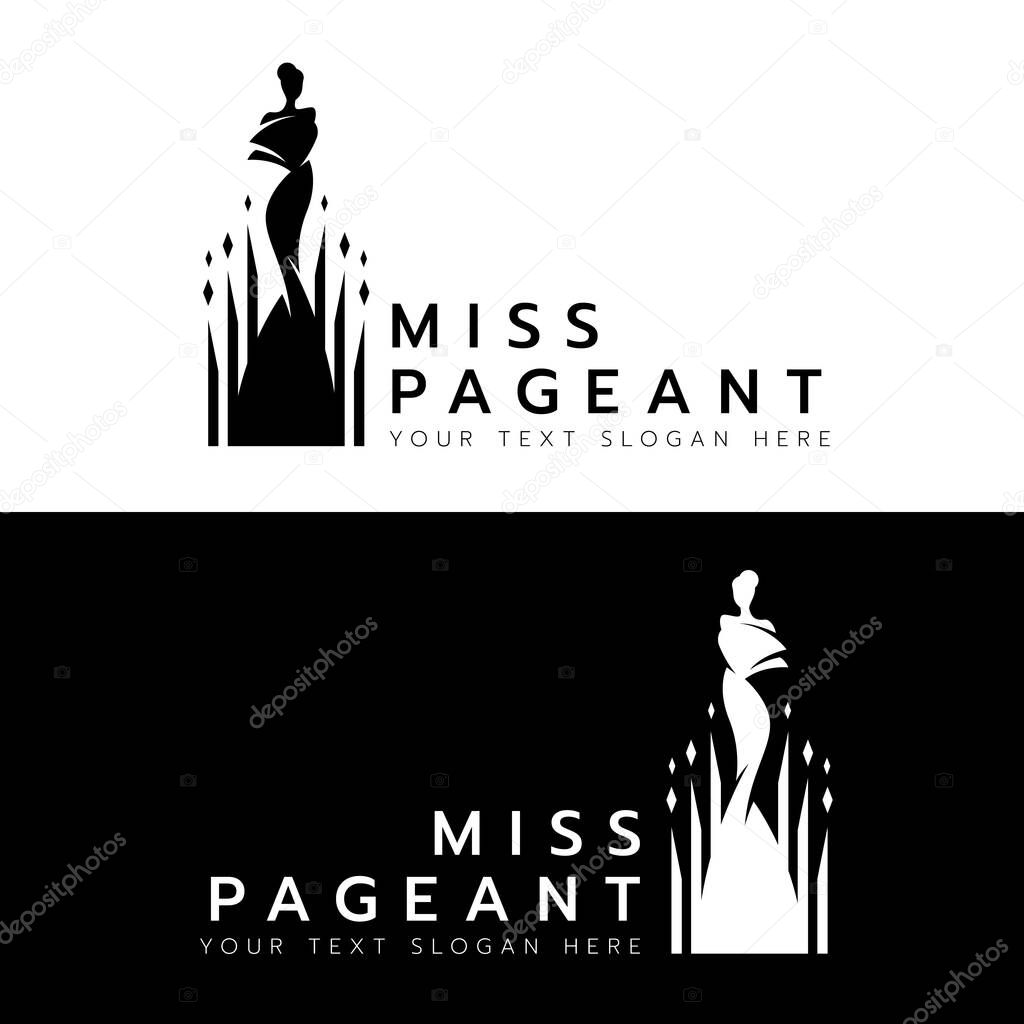 Miss pageant logo with Beauty queen wear dress on crystal stick sign vector design