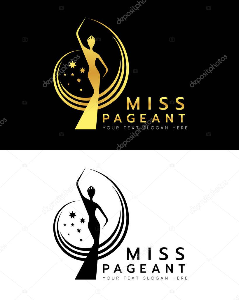 Miss pageant logo with gold and black abstract Beauty queen wear Crown and Raise hand waving and star sign vector dersign