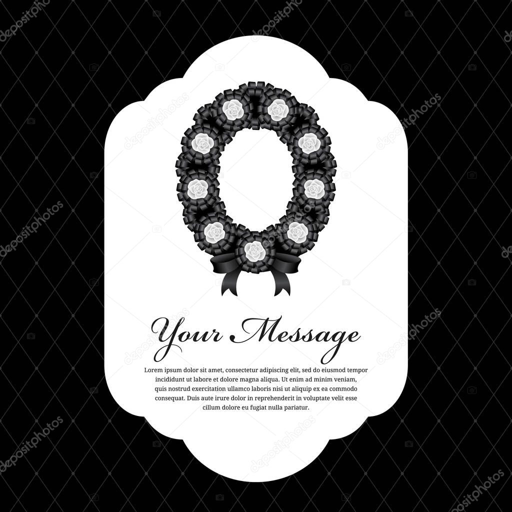 Banner for funeral mourning with white rose and Black ribbon wreath sign vector design