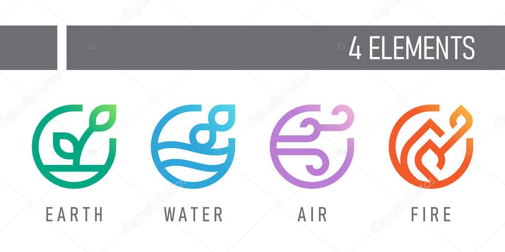 4 elements of nature earth , water ,  air and fire symbols with line abstract circle style vector design
