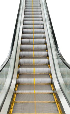 İnsanları taşımak için yürüyen merdivenler beyaz arka planda izole ediliyor.