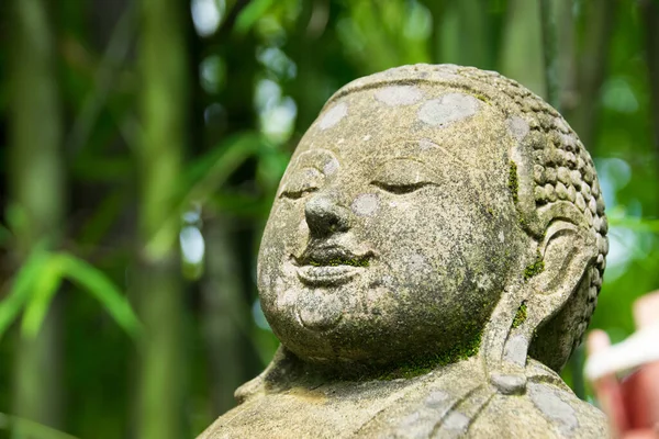 Close Cabeça Buda Esculpida Pedra Parque Bambu — Fotografia de Stock