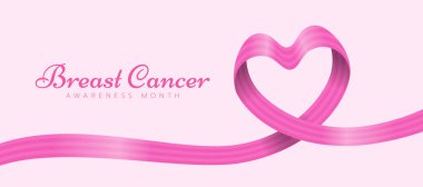 Göğüs kanseri farkındalık ayı ilanı pembe şeritli şerit rulo dalgalı kalp şekli vektör tasarımı yapıyor