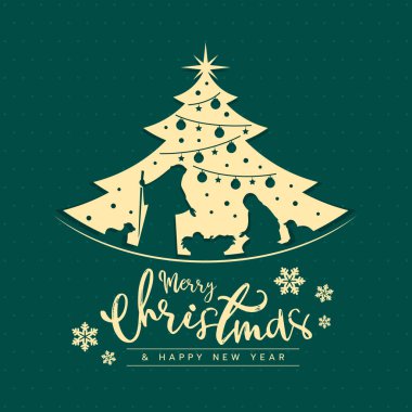 Mutlu Noeller ve mutlu yeni yıl pankartı Mary ve Joseph ile birlikte altın rengi Noel ağacı tabelasında bebek İsa 'nın yemliğinde yeşil desenli arka plan vektör tasarımı üzerinde