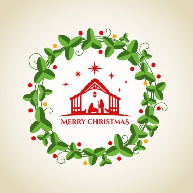 Her gece Noel manzarası: bebek İsa 'nın beşiğinde olduğu bir ahırda Meryem ve Yusuf ve çelenk grafik tasarımı.