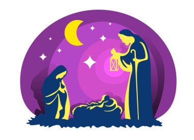 Her gece Noel manzarası Mary ve Joseph bebek İsa ile birlikte bir ahırda ve yıldız ışığı gece sahne vektör tasarımında