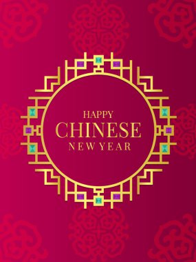 Altın sarısı yeni yıl afişi Çin sanat dairesi çerçevesi ve Çin kırmızı arka planında elmas.