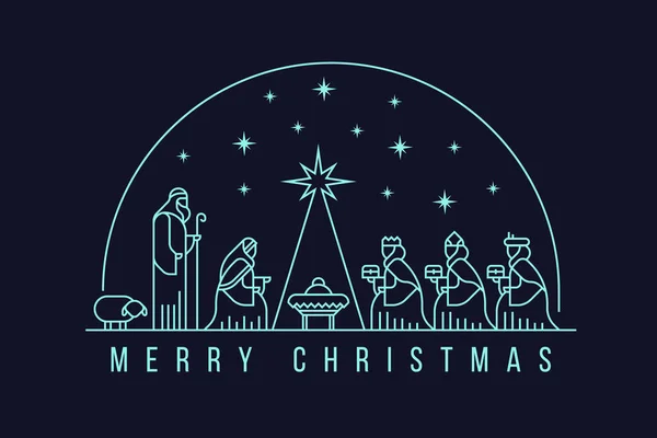 Счастливого Рождества Сценой Рождества Христова Тремя Мудрецами Полукруге Векторе Света — стоковый вектор
