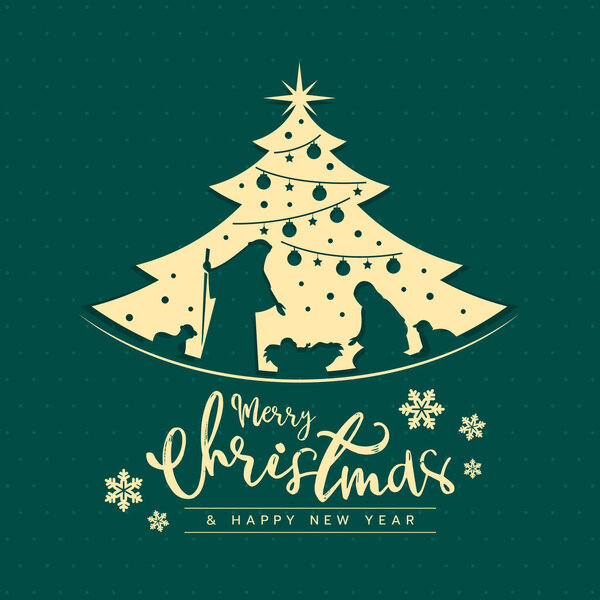 Merry Christmas and happy new year banner card with mary and joseph in a manger with baby Jesus in gold christmas tree sign on dot green texture background vector design