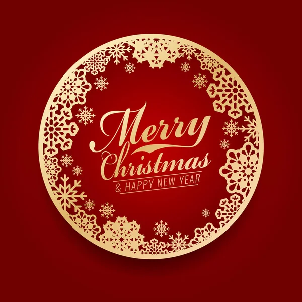 Веселого Різдва Щасливого Нового Року Золотим Сніговим Кругом Червоному Тлі — стоковий вектор