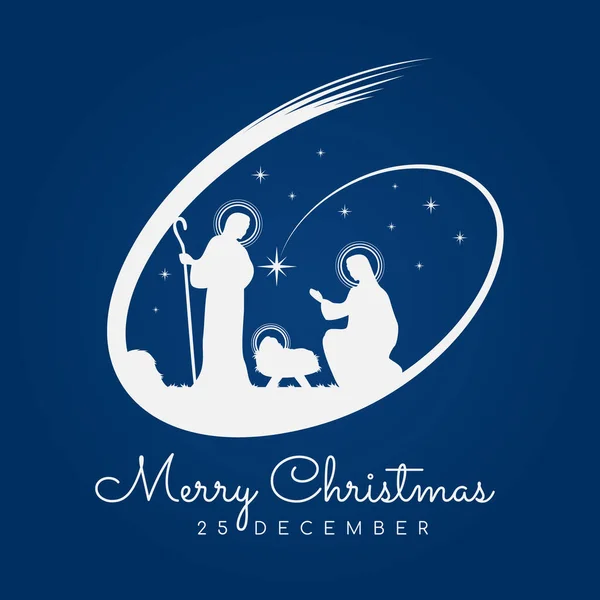 メリークリスマスバナーサインともに夜のクリスマスの風景メアリーとジョセフで管理者で赤ちゃんイエスと流星オン青の背景ベクトルデザイン — ストックベクタ