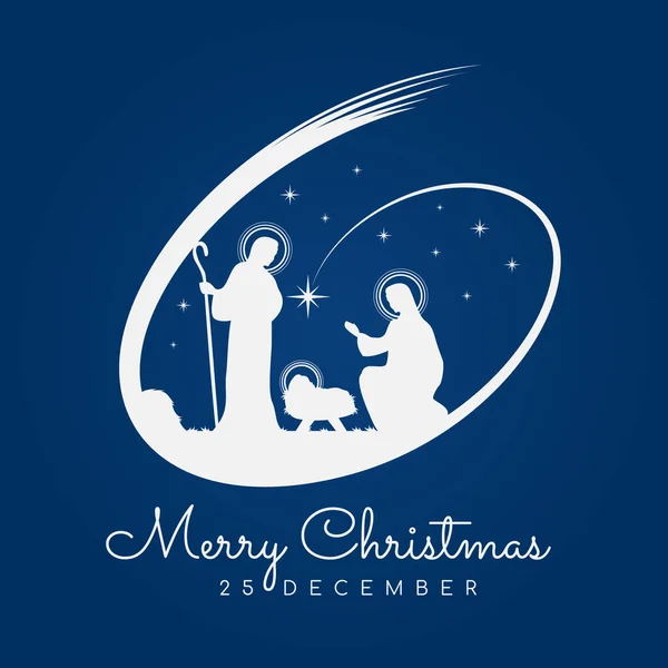 Gece Noeli manzaralı Mutlu Noeller tabelası. Mary ve Joseph, bebek İsa ve Meteor 'la birlikte bir ahırda mavi arka plan vektör tasarımında.
