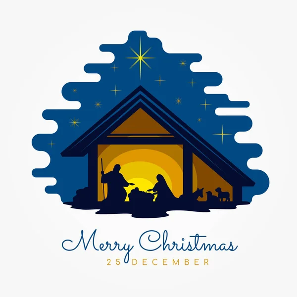 Sinal Banner Natal Feliz Com Cenário Natal Noturno Mary Joseph — Vetor de Stock