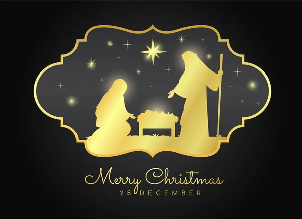 圣诞快乐与圣诞之夜的风景玛丽和乔希在马槽与婴儿耶稣在黄金复古框黑色背景矢量设计 — 图库矢量图片