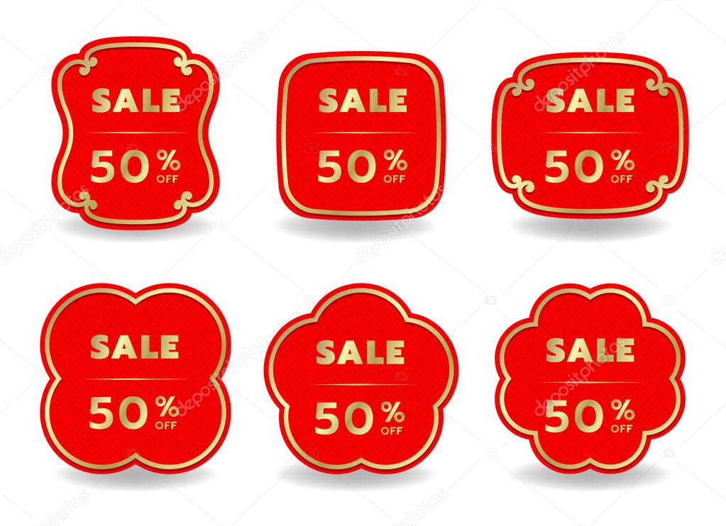 Set of Chinese New Year sale banner with border gold on red background vector design