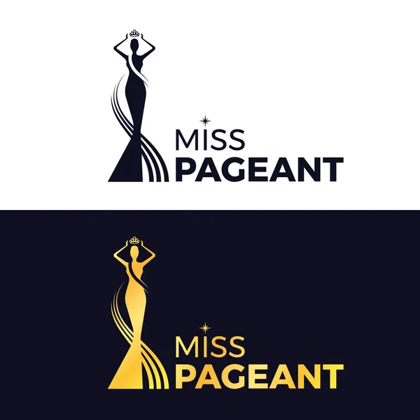 Miss güzellik yarışması logosu - siyah ve altın güzellik kraliçesi yarışması bir baş üstünde duruyor taç vektör tasarımı