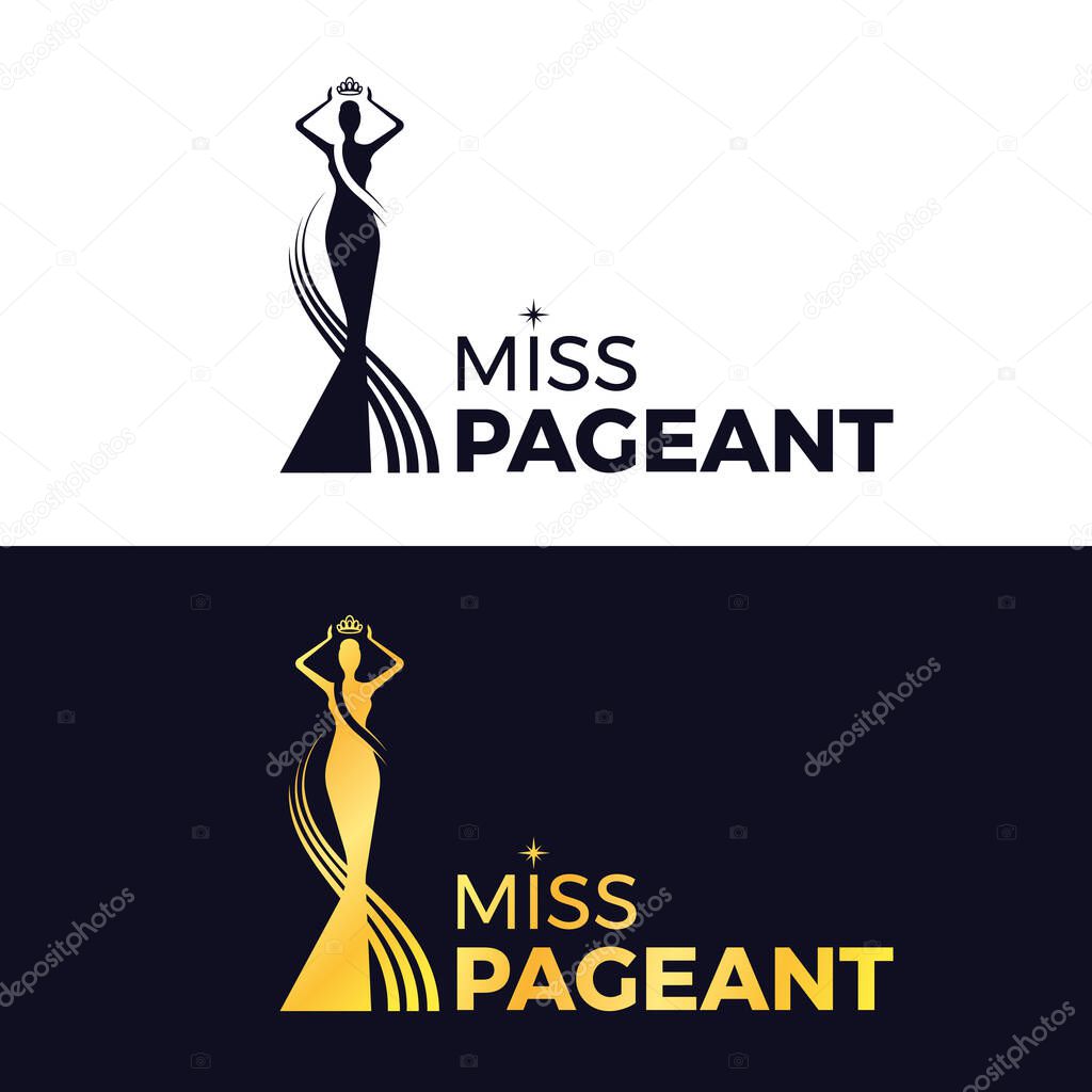 Miss pageant logo - black and gold The beauty queen pageant holding above a head the crown vector design