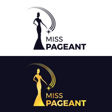Miss güzellik yarışması logosu - siyah ve altın güzellik kraliçesi tacı takan ve yüzen yıldız vektör tasarımı tutan yarışma